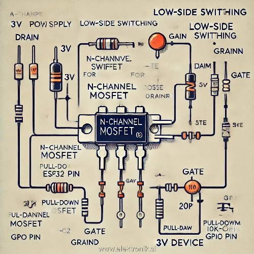 A simple electronics circuit diagram illustrating the connection of an N-channel MOSFET for low-side switching to control a 3V device. The diagram inc.jpg